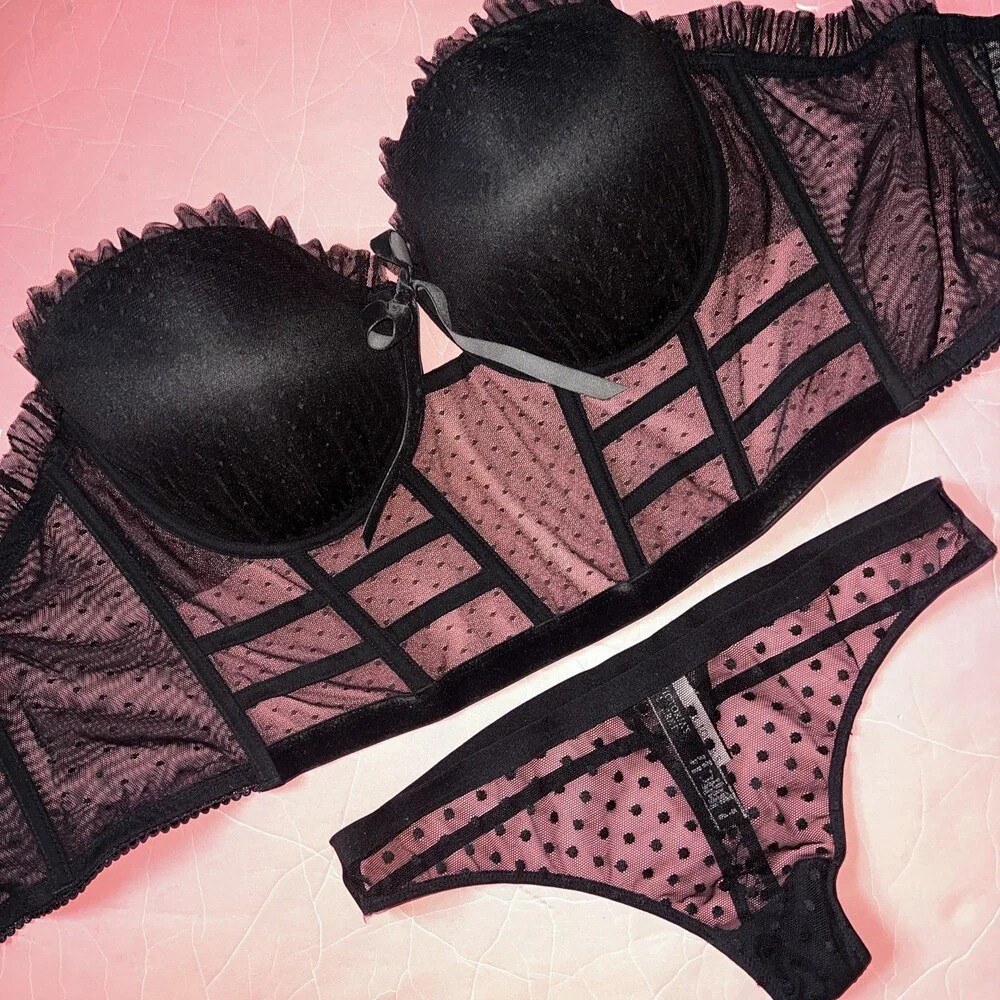Victoria's Secret 34DD,36DD CORSET TOP BRA SET M thong Black Polka Dot STRAPLESS